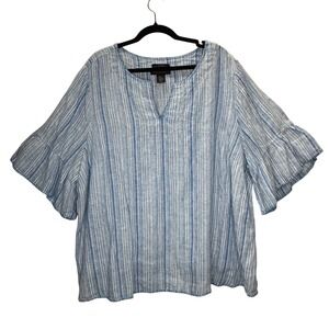 Tahari Women's Plus Size 3X Blue Striped 100% Linen Bell Sleeve V-Neck Top